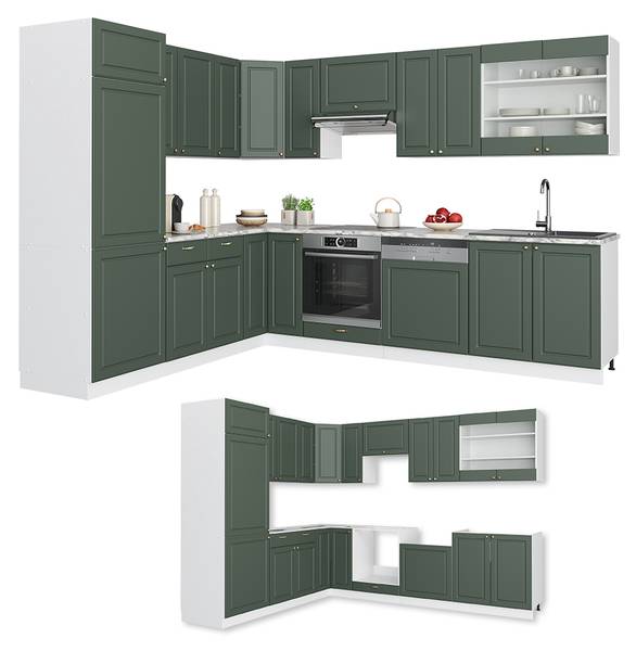 Eckküche Fame-Line 42410 13er Set Grün - Eiche Landhaus Dekor - Weiß