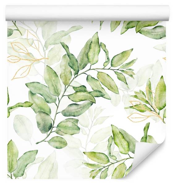 Papier Peint FEUILLES Aquarelle Nature Beige - Vert - Blanc - Polaire - 53 x 1000 x 1000 cm