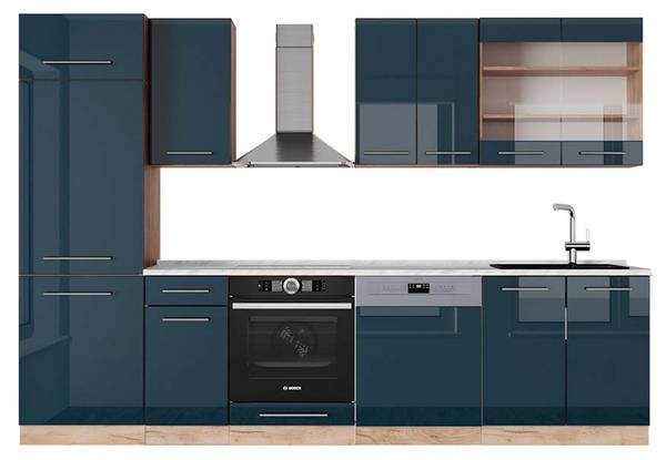 Complete keukeneenheid Fame-Line 49776 hoogglans nachtblauw - zandkleurige eikenhouten look