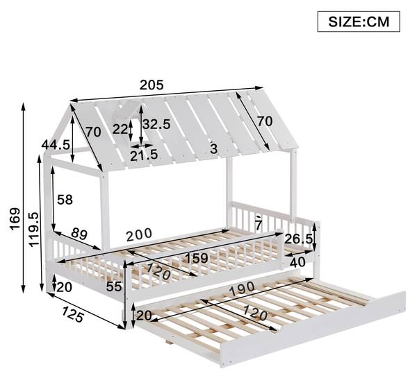 Lit gigogne LucyWoody Ⅰ Blanc - Bois manufacturé - Bois massif - 125 x 169 x 205 cm