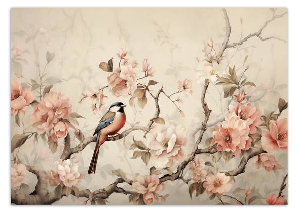 Fototapete Vogel und Vintage Blumen 254 x 184 cm