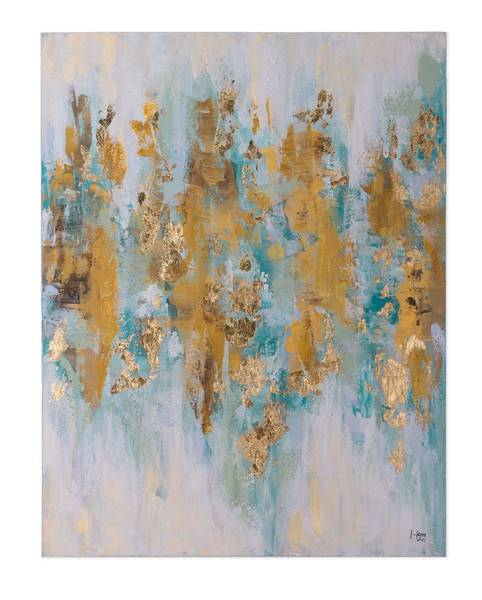 Acrylbild Handgemalt Nonfigurativ Gay Beige - Türkis - Baumwollstoff - 75 x 100 x 4 cm