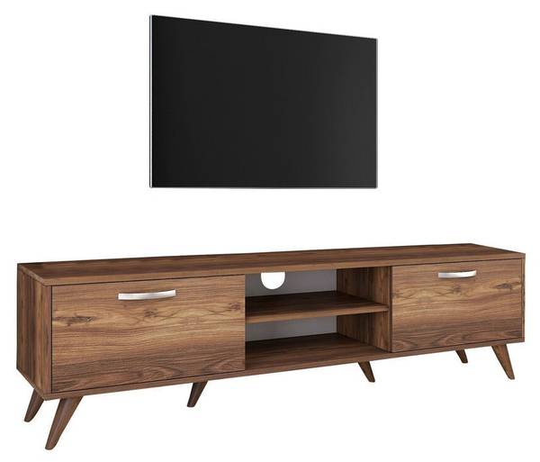 Meuble TV 2 portes rabattables 2 niches Imitation noyer