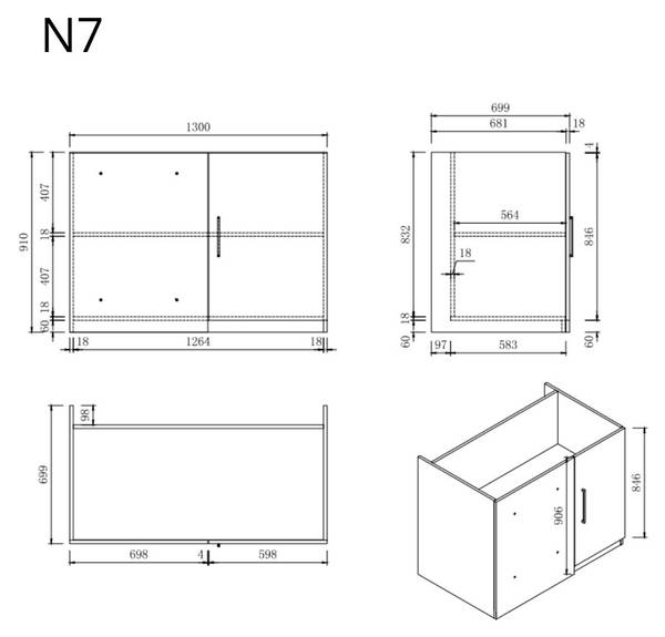 Küchenunterschrank Modul N7 Grau - Holzwerkstoff - 130 x 91 x 70 cm