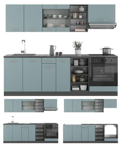 Küchenzeile R-Line 42979 Anthrazit - Blau / Grau