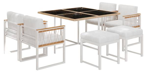Garten-Essgruppe Anemoi 7-tlg Schwarz - Weiß - Polyester - Webstoff - Akazie - Eisen - 158 x 74 x 230 cm