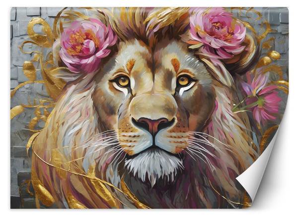 Papier peint, Lion fleurs animaux 300 x 210 cm