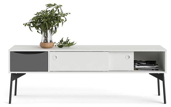 Table TV Elly Blanc - En partie en bois massif - 154 x 53 x 39 cm