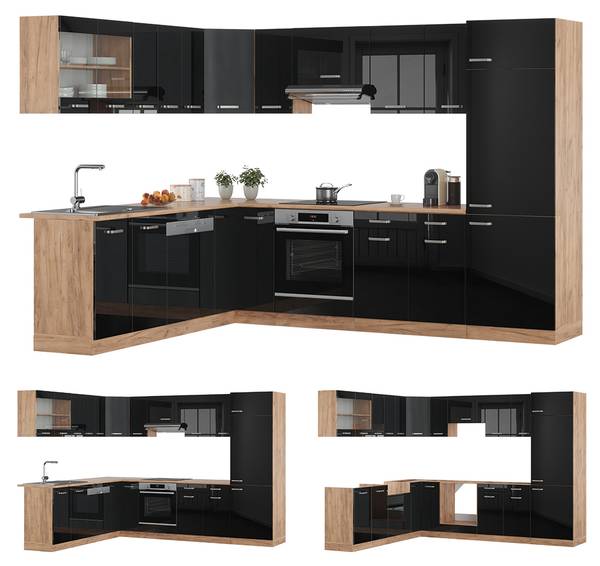 Eckküche R-Line 43019 12er Set Hochglanz Schwarz - Eiche Dekor