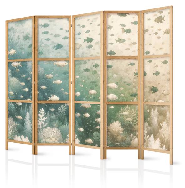 Paravent Fisch Korallenriff 5-tlg Beige - Braun - Grün - Holzwerkstoff - Textil - 225 x 172 x 3 cm