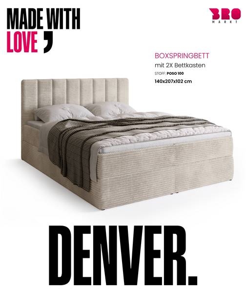 Boxspringbett DENVER Creme - Breite: 140 cm - Liegefläche Breite: 140 cm