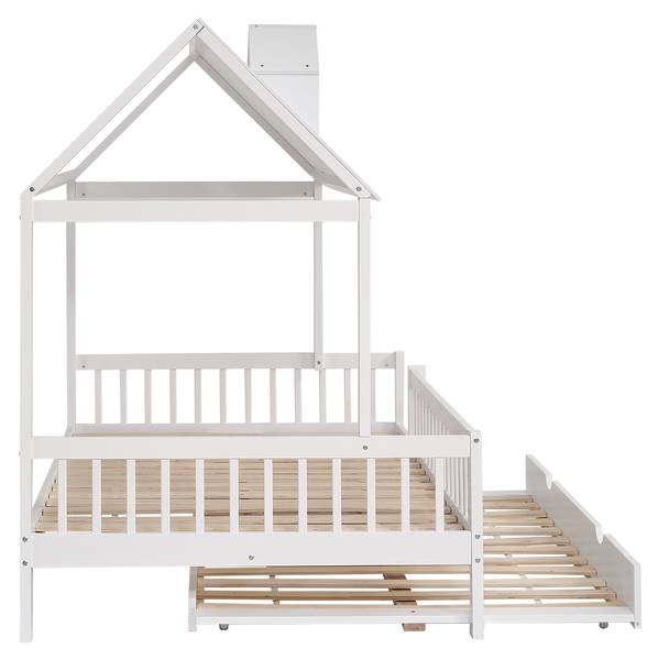 Hausbett mit Rollbett-O2913 Weiß - Massivholz - 169 x 169 x 205 cm