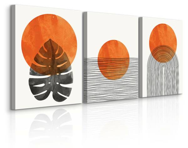 Leinwandbilder BLÄTTER Boho 3-er Set Beige - Schwarz - Orange - Leinen - 90 x 40 x 40 cm