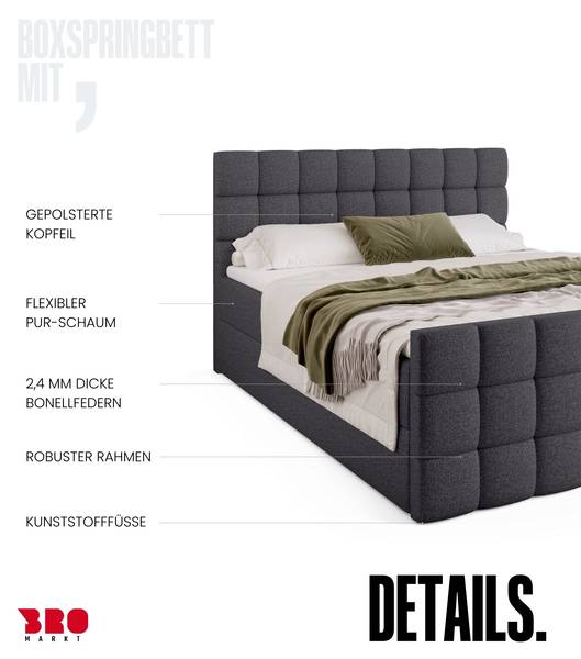 Boxspringbett DAKOTA DUO Dunkelgrau - Liegefläche Breite: 180 cm