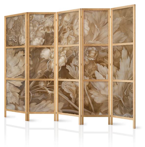 Paravent Blumen Botanik 5-tlg Beige - Braun - Weiß - Holzwerkstoff - Textil - 225 x 172 x 3 cm