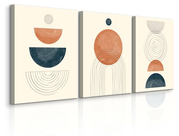 Leinwandbilder KREISE Boho 3-er Set Beige - Schwarz - Blau - Braun - Orange - Türkis - Leinen - 90 x 40 x 40 cm