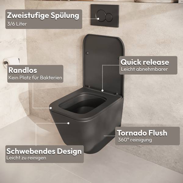Wand WC mit Unterputzspülkasten Linea Schwarz - Keramik - 37 x 37 x 49 cm