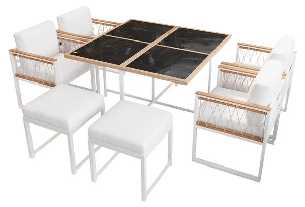 Garten-Essgruppe Anemoi 7-tlg Schwarz - Weiß - Polyester - Webstoff - Akazie - Eisen - 158 x 74 x 230 cm