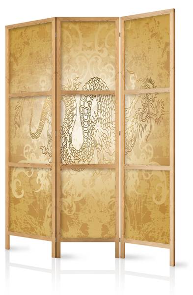 Paravent Drachen Japan 3-tlg Beige - Braun - Gelb - Holzwerkstoff - Textil - 135 x 172 x 3 cm