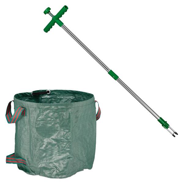 Unkrautstecher mit Gartenabfallsack Grün - Silber - Aluminium - 22 x 99 x 4 cm