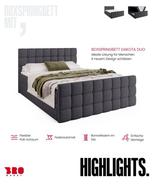 Boxspringbett DAKOTA DUO Dunkelgrau - Liegefläche Breite: 180 cm