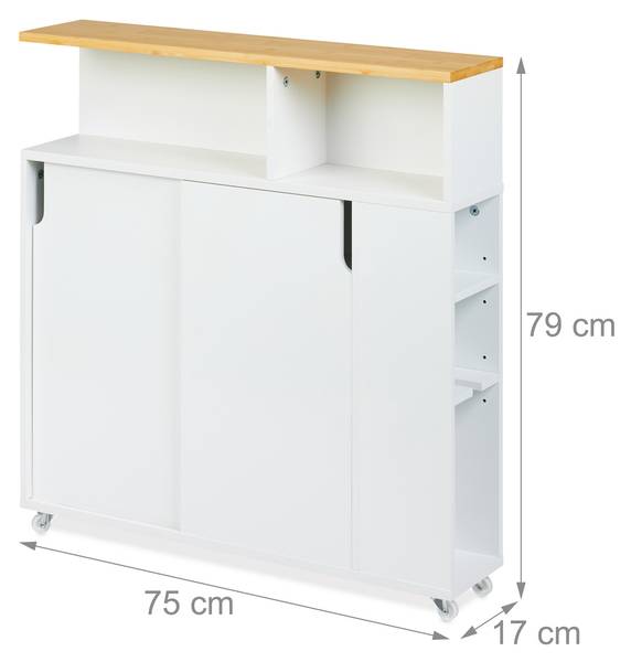 Badkamerkast smal met wielen bruin - wit - bamboe - plaatmateriaal op houtbasis - kunststof - 17 x 79 x 75 cm