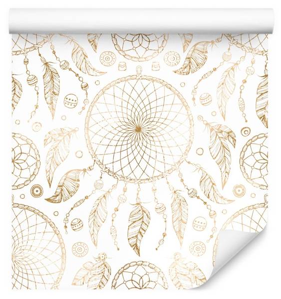 Papier Peint ATTRAPE-RÊVES Plumes Boho Beige - Blanc - Polaire - 53 x 1000 x 1000 cm