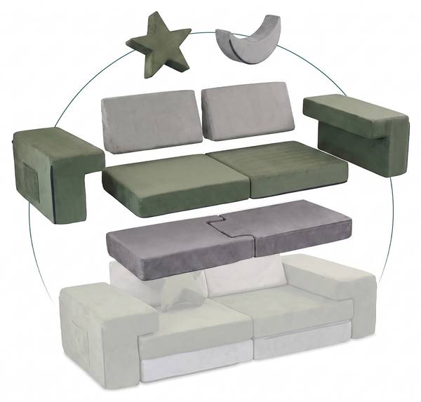 Canapé de jeu modulaire enfant, 10 pcs Gris - Vert - Polyester - 140 x 45 x 65 cm