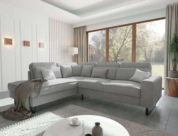 Sage Ecksofa mit Ottomane in Cord-Stoff Hellgrau - Ecke davorstehend links
