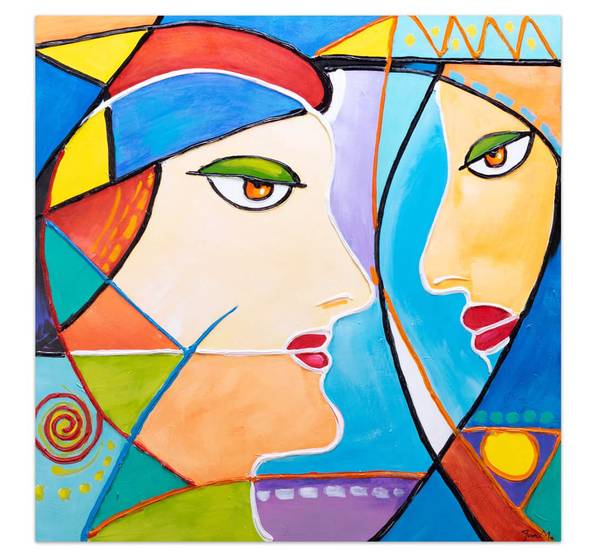 Tableau peint à la main Visages Amara Coton - 87 x 87 x 6 cm