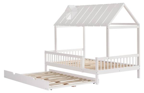 Hausbett mit Rollbett-O2913 Weiß - Massivholz - 169 x 169 x 205 cm