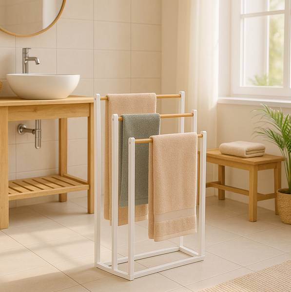 Handdoekrek met 3 bamboe stangen bruin - wit - ijzer - 45 x 76 x 22 cm