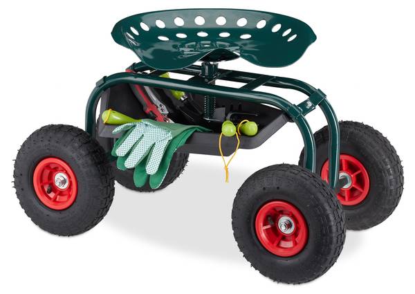 Siège roulant de jardin avec rangement Noir - Vert - Rouge - Acier - 42 x 54 x 81 cm
