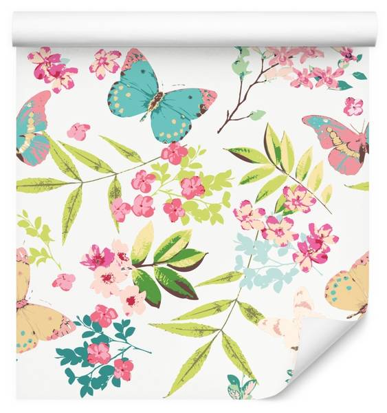 Tapete SCHMETTERLINGE Blätter Blumen Beige - Blau - Grün - Weiß - Fleece - 53 x 1000 x 1000 cm