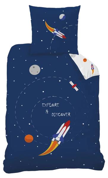 Kinderbettwäsche Rakete Weltall 2-tlg. Blau - Weiß - Textil - 135 x 200 x 1 cm