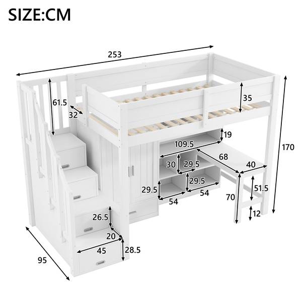 Hochbett K-1221 Weiß - Holzwerkstoff - 95 x 170 x 253 cm