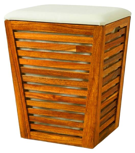 Wäschekorb aus Akazienholz mit Sitz Braun - Weiß - Holzwerkstoff - Textil - 40 x 56 x 40 cm
