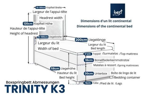 Lit Simple Trinity K-3 Avec Matelas Bonell H3 – 100x200 Cm – Graphite – Avec 2 Tiroirs De Rangement