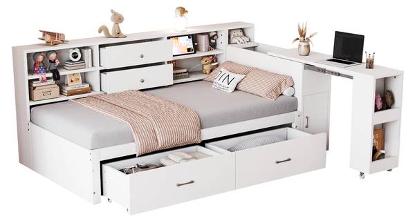 Kinderbed Hebe Ⅱ wit - plaatmateriaal op houtbasis - massief hout - 130 x 100 x 232 cm