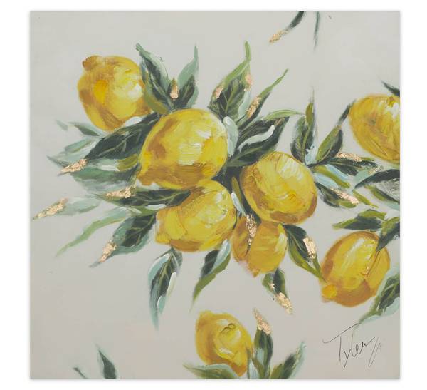 Tableau peint à la main Branche Citron Jaune - Coton - 50 x 50 x 4 cm