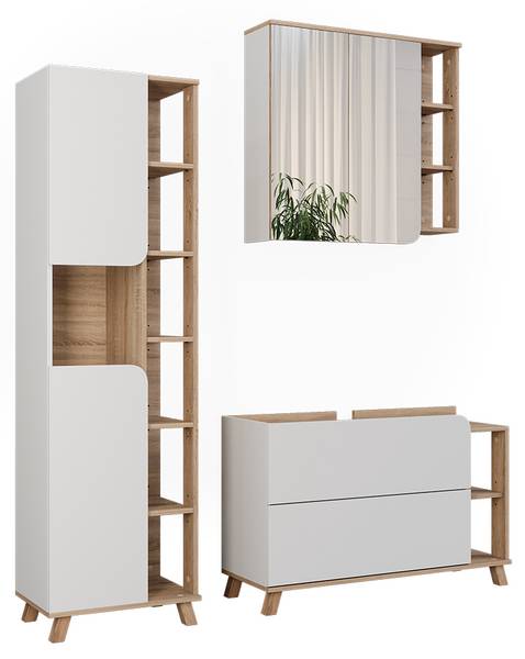 Badmöbel-Set Karen 55429 3er Set Reinweiß - Eiche Sonoma Dekor