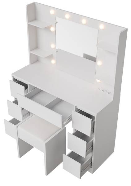 Schminktisch Malia und Hocker Melly Weiß - Holzwerkstoff - 107 x 140 x 40 cm