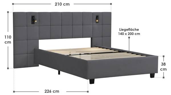 Polsterbett Luzano Grau - Holzwerkstoff - 140 x 110 x 200 cm