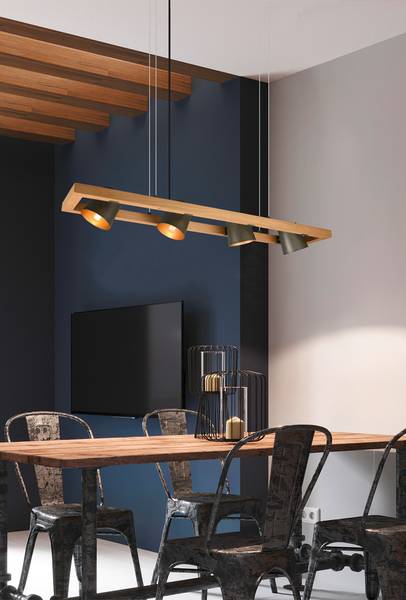 Balken Pendelleuchte Holz, 4-flammig Braun - Gold - Grau - Eisen - 100 x 150 x 21 cm