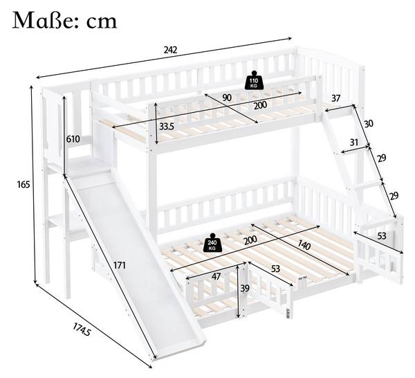 Etagenbett Maximilian I Weiß - Kiefer - 175 x 165 x 242 cm