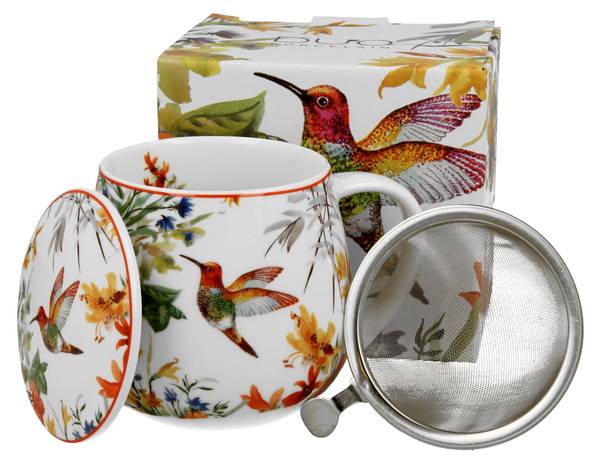 Becher Secret Garden mit Teesieb 3er Set Grün - Porzellan - 12 x 10 x 8 cm