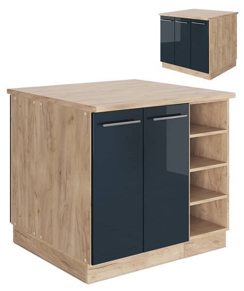 Keukeneiland Fame-Line 49789 hoogglans nachtblauw - eikenhouten look