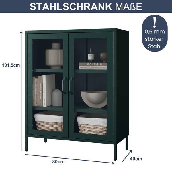 Vitrinenschrank klein GINA 3 Ebenen Dunkelgrün