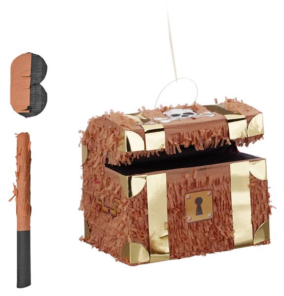 Pinata Set Schatztruhe mit Stab & Maske Braun - Gold - Weiß - Papier - Kunststoff - 30 x 27 x 23 cm
