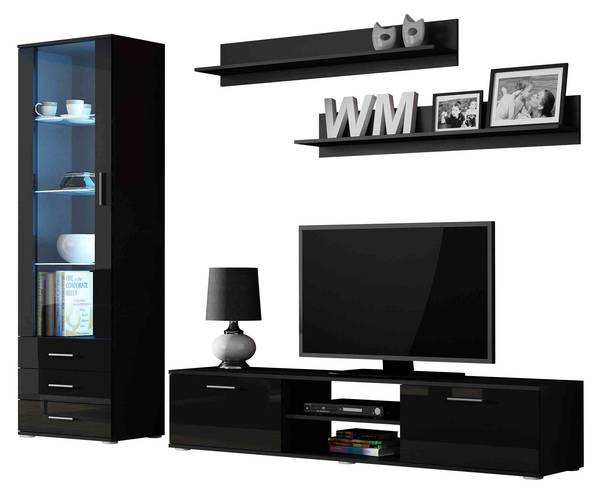 Wohnwand Soho I mit LED Schwarz - Hochglanz Schwarz